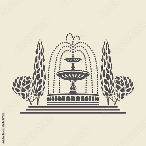 Icon of a stylized vintage Park fountain with steps and trees. Flat vector isolated silhouette.