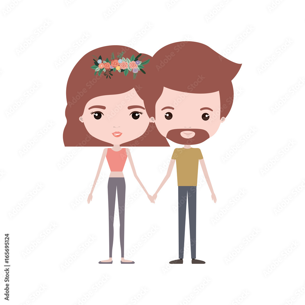 colorful caricature thin couple of bearded man and woman wavy short hairstyle with flower crown and holding hands colorful caricature thin couple of bearded man and woman wavy short hairstyle with flower crown and holding hands