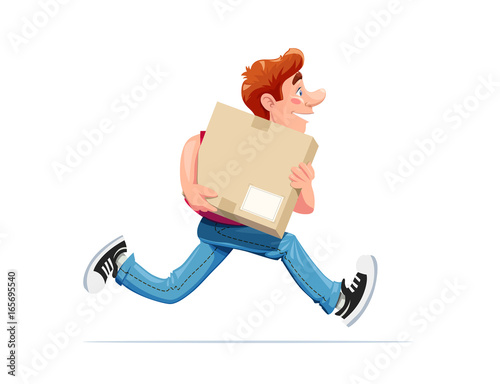 Running boy carry box. Delivery service. Cartoon character.