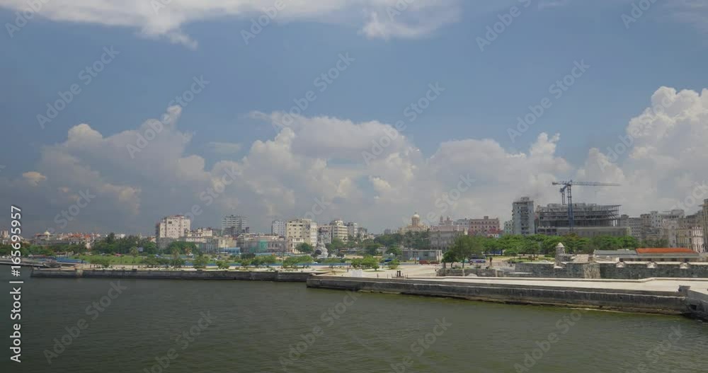 A high angle day dolly establishing shot of the Castillo de San Salvador de la Punta and the skyline of Havana, Cuba. Shot at 48fps. A high angle day dolly establishing shot of the Castillo de San Salvador de la Punta and the skyline of Havana, Cuba. Shot at 48fps.