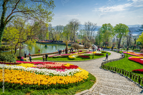 Traditional Tulip Festival in Emirgan Park, a historical urban park located in the Sariyer district of Istanbul, Turkey. Tourists visit and spend the weekend.ISTANBUL/TURKEY- APRIL 15,2017 photo