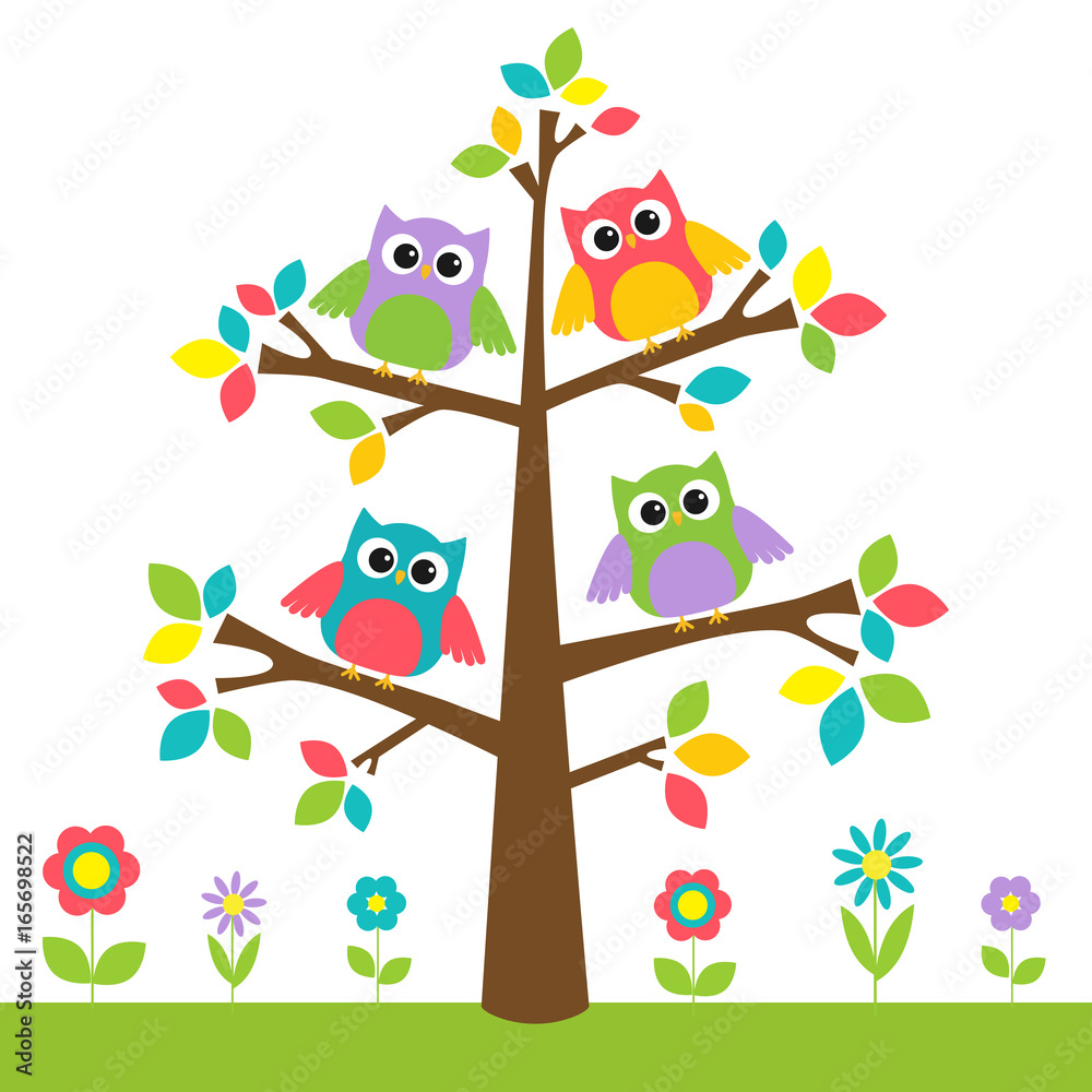 Fototapeta premium Cute owls on colorful tree and flowers