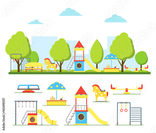 Cartoon Playground in City and Element Set. Vector