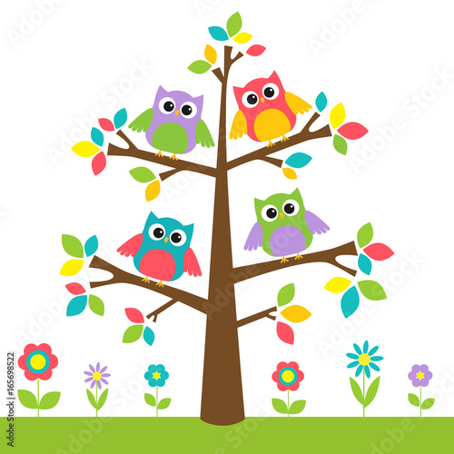 Cute owls on colorful tree and flowers