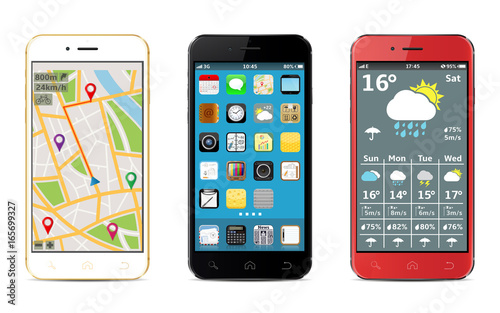 Smart phones with apps icons, weather and GPS navigation widgets, vector illustration