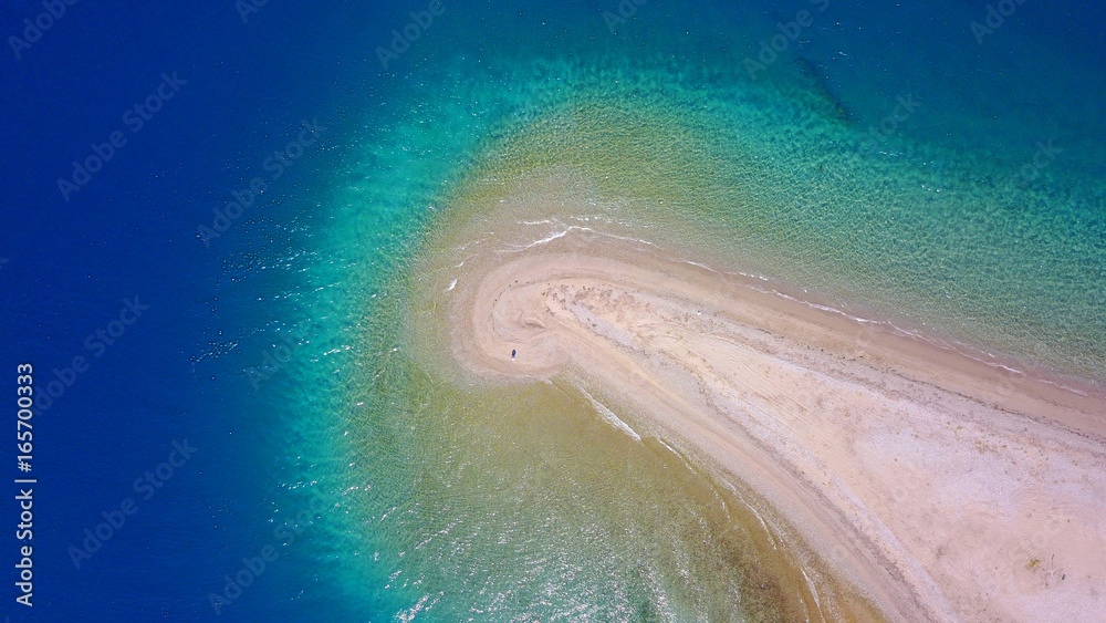 Aerial drone photo of seascape near Kavos beach with sapphire and turquoise clear waters, North Evoia gulf, Greece