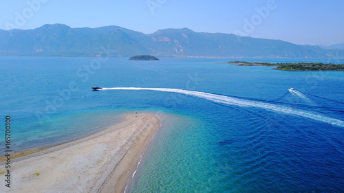 Aerial drone photo of seascape near Kavos beach with sapphire and turquoise clear waters, North Evoia gulf, Greece