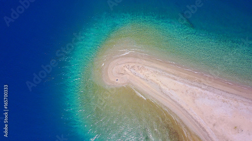 Aerial drone photo of seascape near Kavos beach with sapphire and turquoise clear waters, North Evoia gulf, Greece