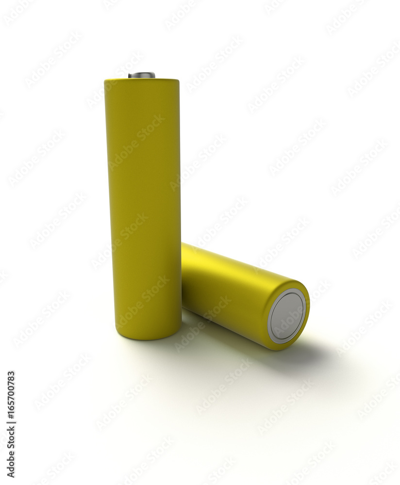 3D realistic render of AA yellow alkaline battery on a white background, isolated, with shadow 3D realistic render of AA yellow alkaline battery on a white background, isolated, with shadow