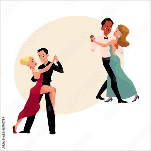 Two couples of professional ballroom dancers dancing, looking at each other, cartoon vector illustration with space for text. Two ballroom dance couples dancing tango, waltz, rumba