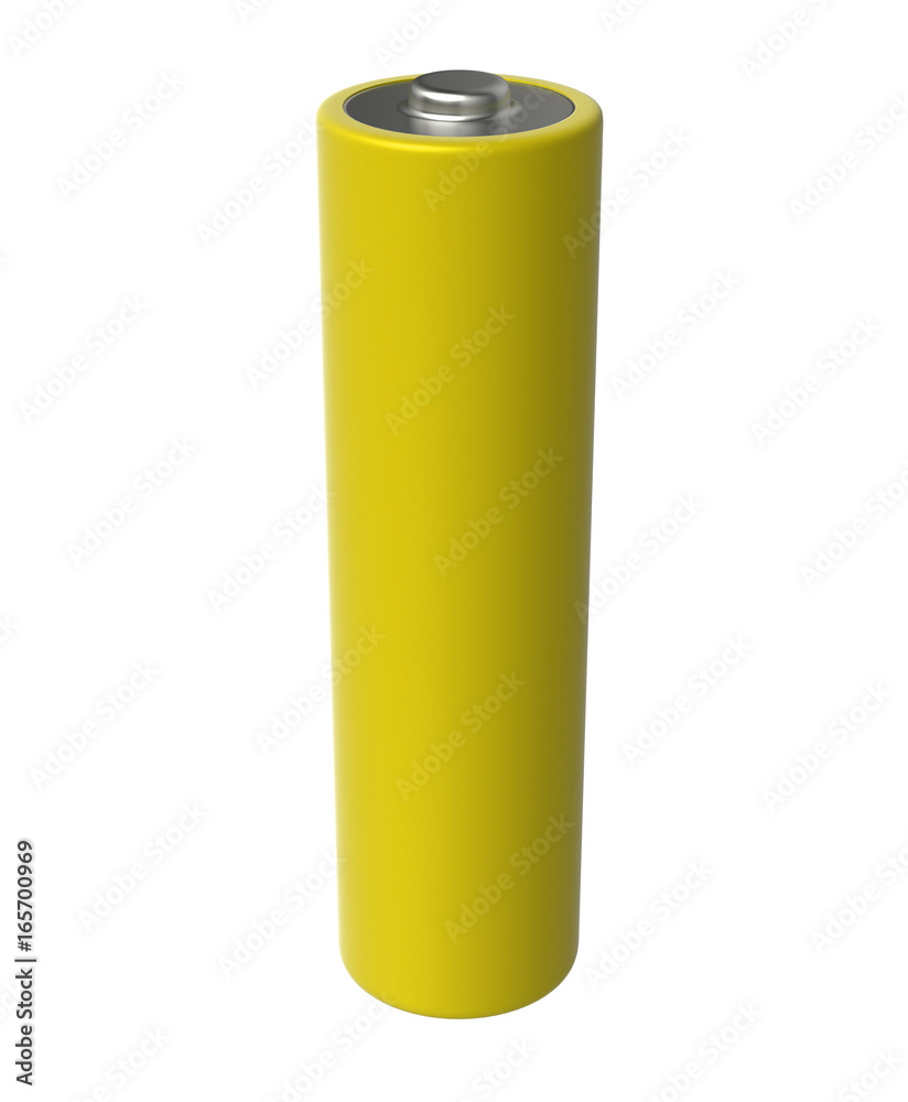 3D realistic render of AA yellow alkaline battery on a white background, isolated, with shadow 3D realistic render of AA yellow alkaline battery on a white background, isolated, with shadow