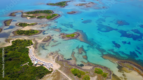 Aerial drone photo of exotic beaches with sapphire and turquoise clear waters, called the 