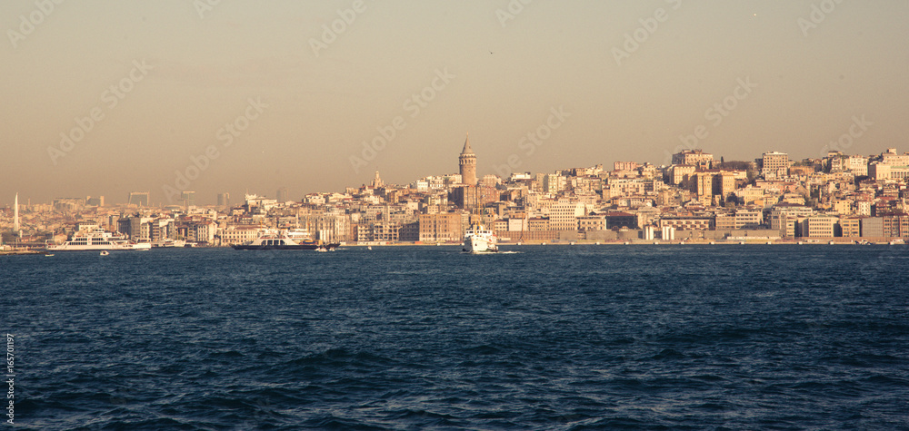 Sea voyage to Bosporus channel on the ferry boat of Istanbul. Turkish steamboat voyage.