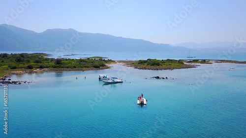 Aerial drone photo of exotic beaches with sapphire and turquoise clear waters, called the 