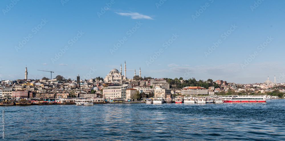 ISTANBUL,TURKEY,APRIL 20,2017:View of New Mosque from sea  in Istanbul,Turkey.