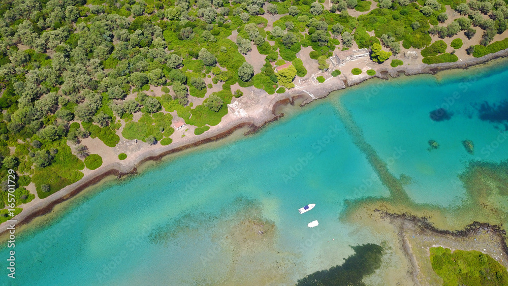 Aerial drone photo of exotic beaches with sapphire and turquoise clear waters, called the 