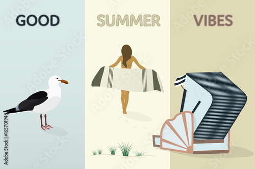 Summertime. North Sea at the beach with girl holding a towel, roofed wicker beach chair and sea gull.