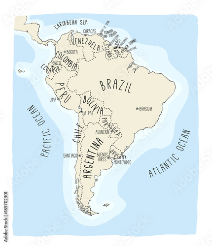 Hand drawn vector map of South America.