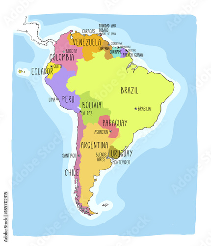 Hand drawn vector map of South America.