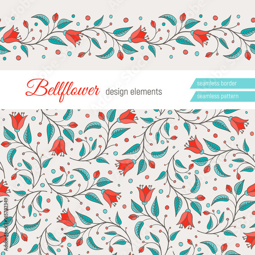 Bellflower floral design element. Set of two elements - flower background and seamless floral border. Perfect for wedding invitations design. Harebell bluebell vector illustration.