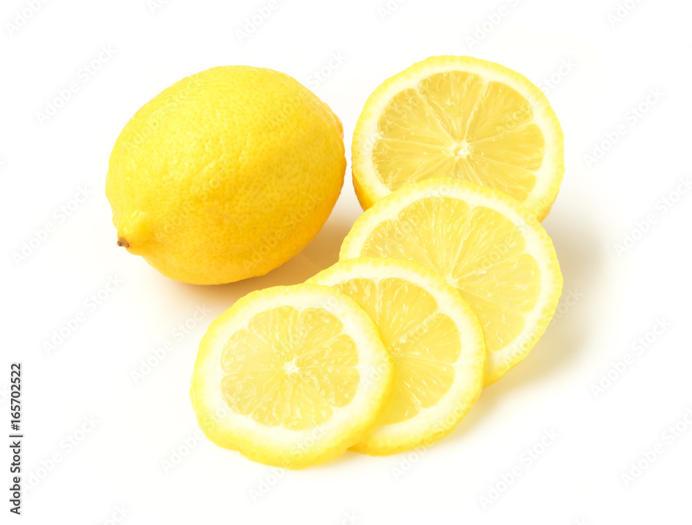 Closeup fresh lemon fruit and slice on white background
