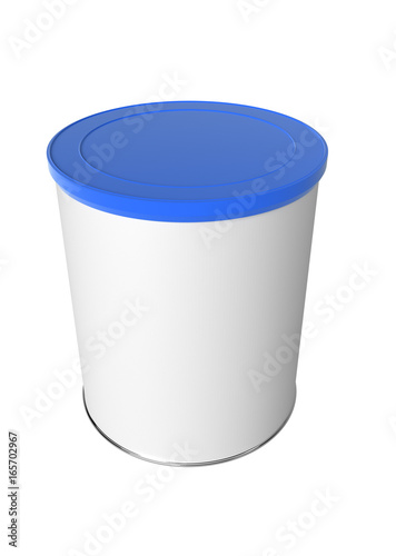 3D realistic render of Round white tin can with blue plastic lid, Container for tea, coffee, sugar, candy, food, spice or paint. Realistic packaging mock up template with clipping path.