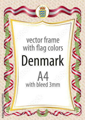 Frame and border  with the coat of arms and ribbon with the colors of the Denmark flag