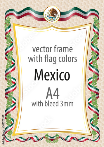 Frame and border  with the coat of arms and ribbon with the colors of the Mexico flag