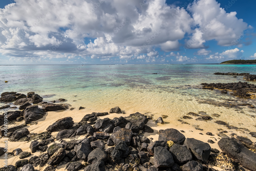 Wide-angle view of the Blue Bay Marine Park, Mauritius, Mahebourg, Indian Ocean. Polarizer filter used.