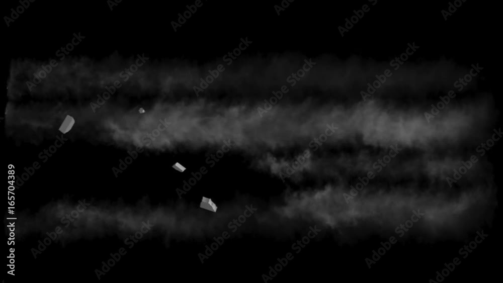Many small pieces of concrete fly leaving trail of dust, with alpha mask