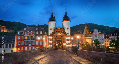 Illuminated Old Bridge Gate on Karl Theodor Bridge in Heidelberg, Baden-Wurttemberg, Germany