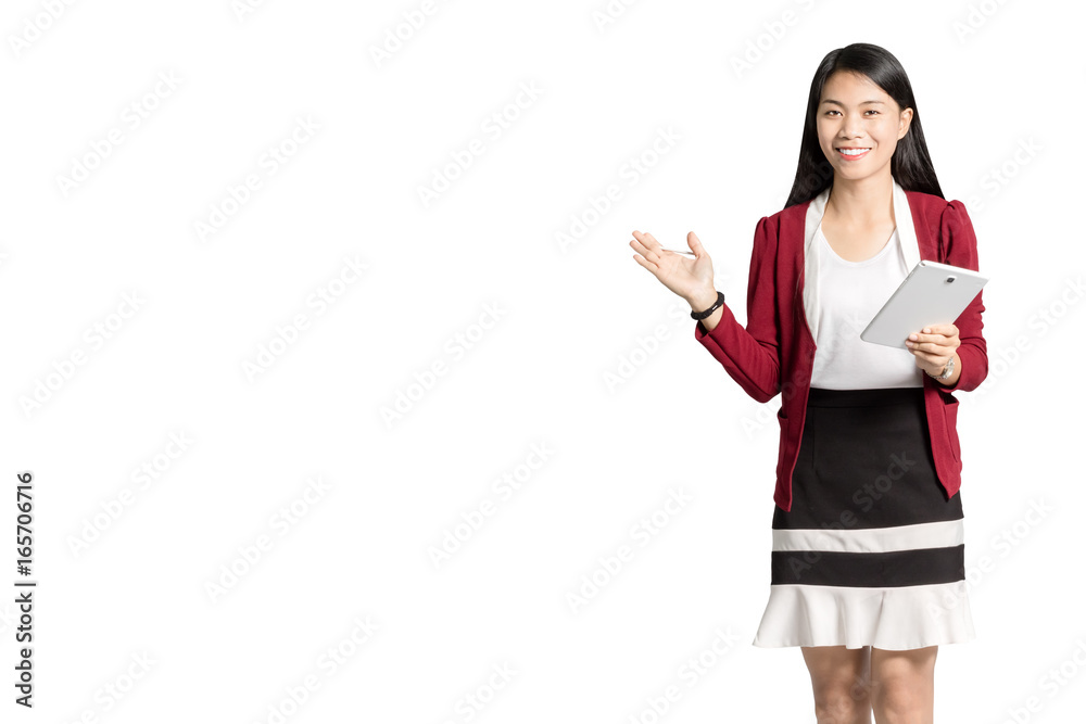 portrait of a beautiful asian businesswoman smiling and using tablet in the hands. Isolated on white background with copy space and clipping path portrait of a beautiful asian businesswoman smiling and using tablet in the hands. Isolated on white background with copy space and clipping path