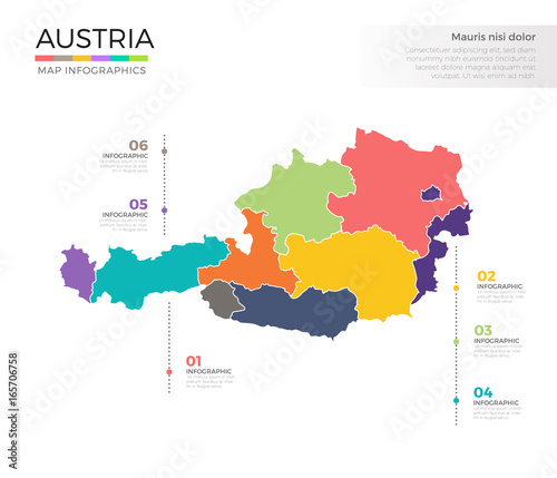 Austria country map infographic colored vector template with regions and pointer marks