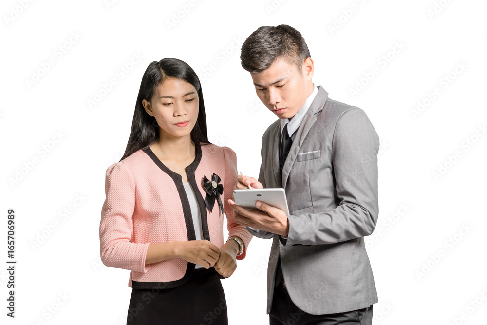portrait of young businesswoman and businessman using a digital tablet. Isolated on white background with copy space and clipping path portrait of young businesswoman and businessman using a digital tablet. Isolated on white background with copy space and clipping path