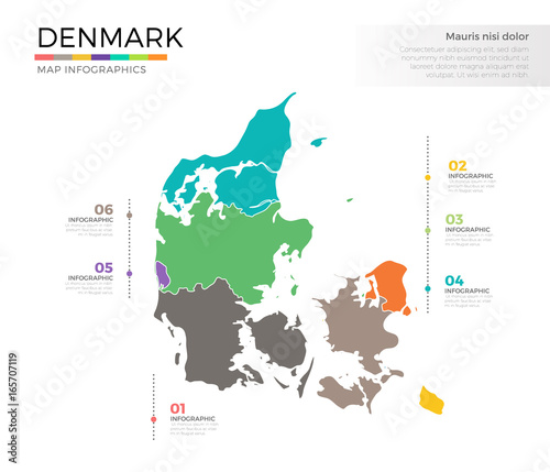 Denmark country map infographic colored vector template with regions and pointer marks