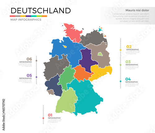 Deutschland country map infographic colored vector template with regions and pointer marks