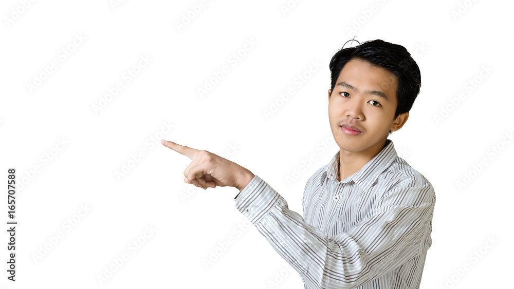 Portrait of a young businessman pointed the finger to left side. Isolated on white background with copy space and clipping path Portrait of a young businessman pointed the finger to left side. Isolated on white background with copy space and clipping path