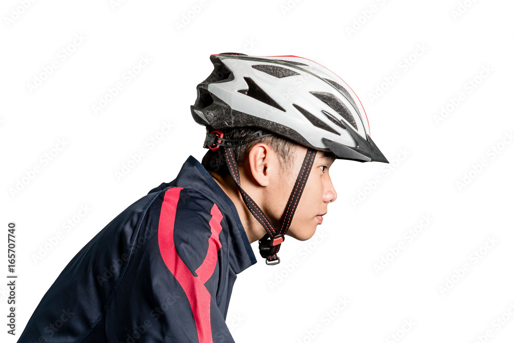 Portrait of an asian man cyclist with helmet and sportswear. Isolated on white background with copy space and clipping path