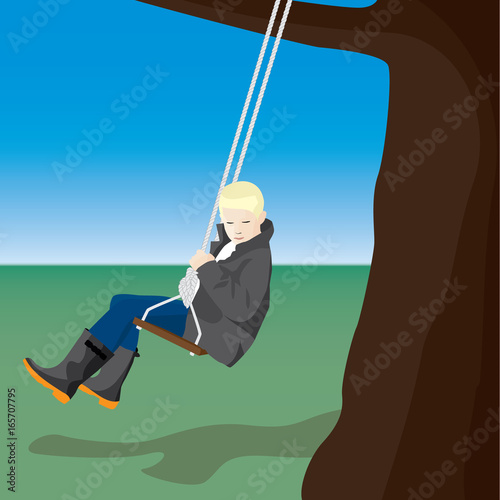 Boy or child sitting on a rope tree swing wearing a coat and rubber boots with outdoor background vector illustration