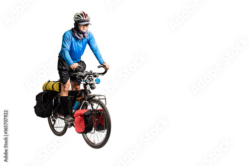 Fototapeta Naklejka Na Ścianę i Meble -  Portrait of an asian man cyclist with helmet and sportswear on his touring bicycle. Isolated full length on white background with copy space and clipping path