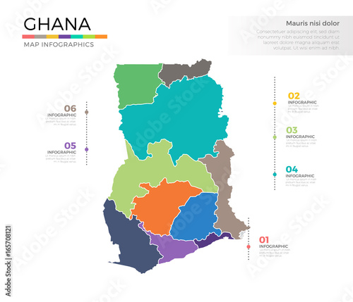 Ghana country map infographic colored vector template with regions and pointer marks