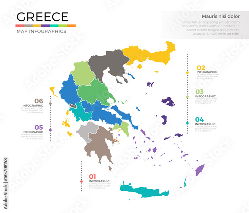 Greece country map infographic colored vector template with regions and pointer marks