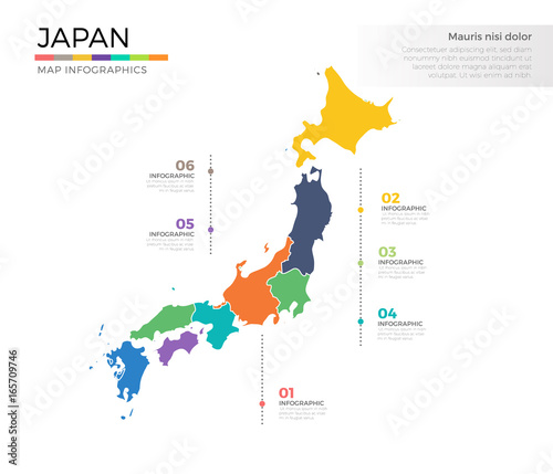 Japan country map infographic colored vector template with regions and pointer marks