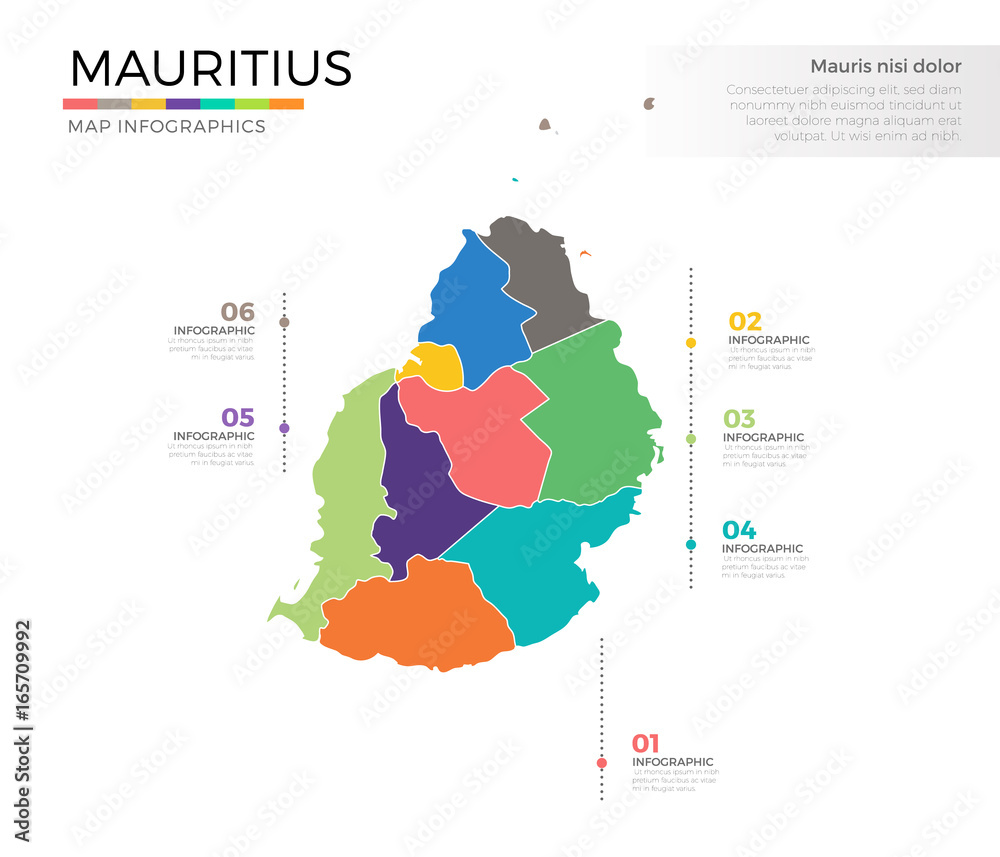 Mauritius country map infographic colored vector template with regions and pointer marks