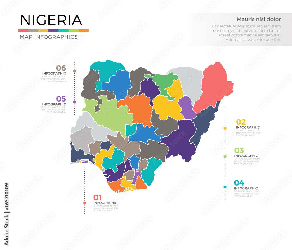 Nigeria country map infographic colored vector template with regions and pointer marks