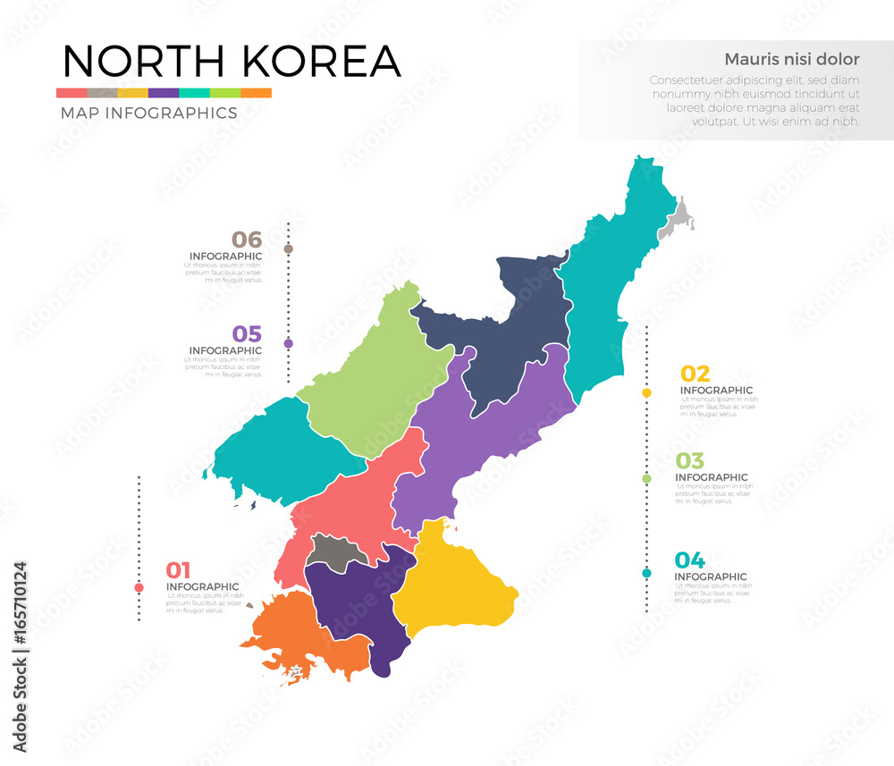 North Korea country map infographic colored vector template with regions and pointer marks