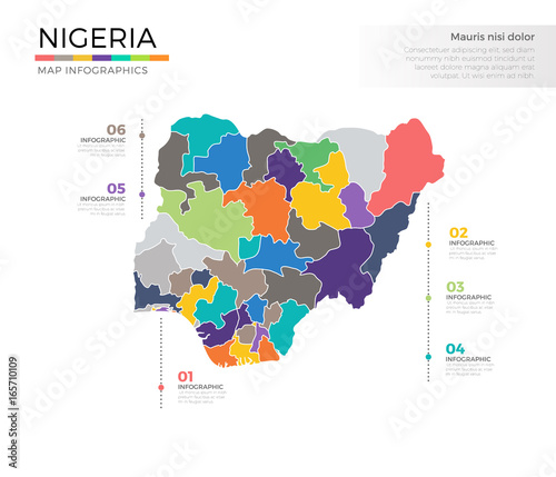 Nigeria country map infographic colored vector template with regions and pointer marks