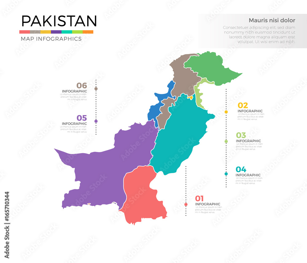 Pakistan country map infographic colored vector template with regions and pointer marks