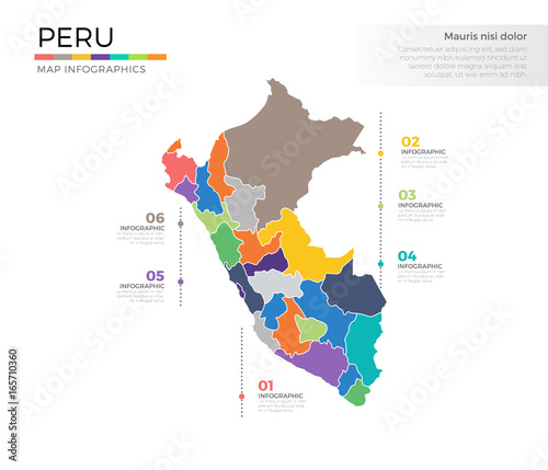 Peru country map infographic colored vector template with regions and pointer marks