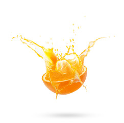 Fresh slide half of ripe orange fruit with orange juice splash water isolated on white background